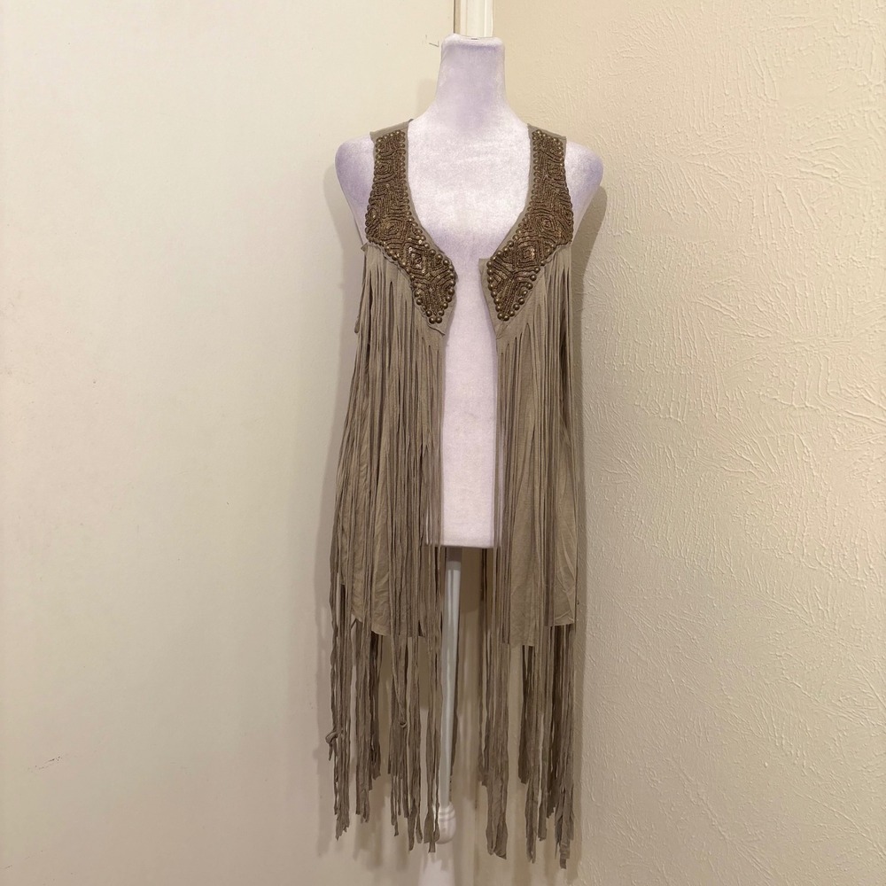 inLUV Boho Long Fringe Beaded Vest Tan Brown Open Front Festival Fairycore Top L